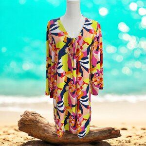 Colorful Floral Beach Cover Up M Summer Tropical Vacation Coastal Resort Dress